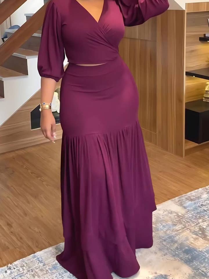 half sleeve v neck blouse flounce maxi skirt 2 piece set for wholesale by HIDDENBRAND