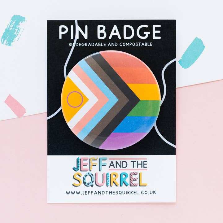 Progress Pride Gay Flag Biodegradable Badge | LGBTQ+ for wholesale by Jeff and the Squirrel