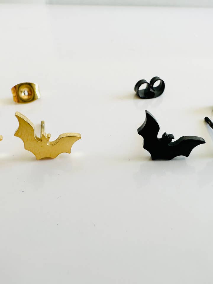Surgical steel bat earrings, gold, silver, black options for wholesale by BuidesignCo