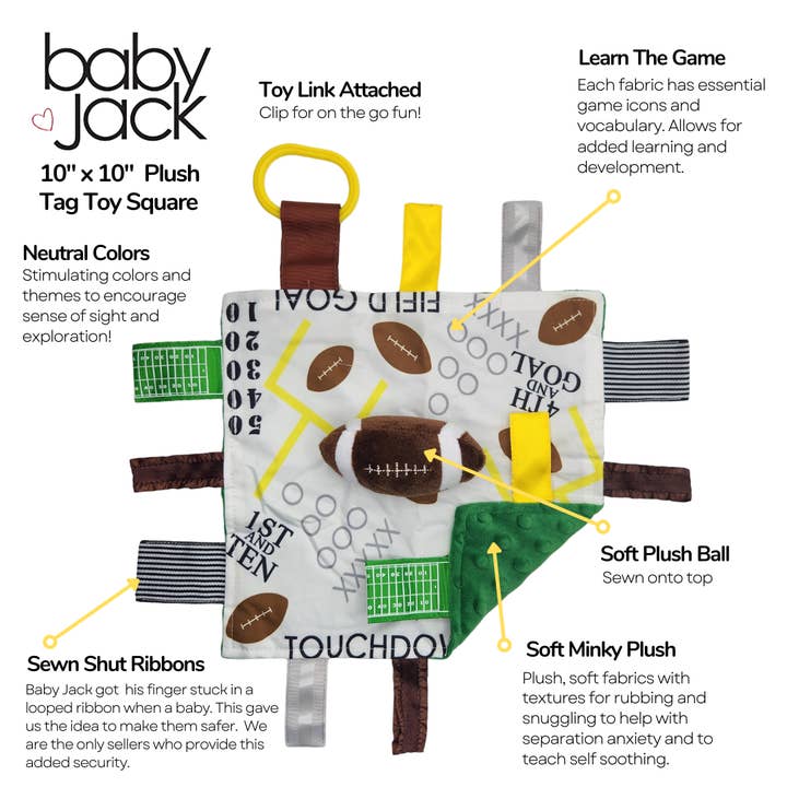 Baby Jack and Company - Wholesale Security/Cuddle Blanket - Baby - Football Baby Learning Lovey Tag Stroller Toy 10" x 10"4