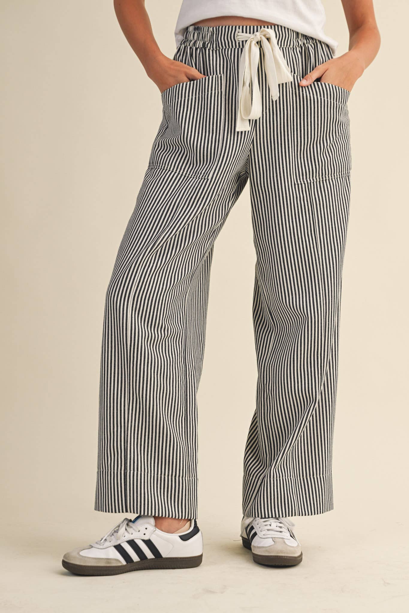 Black Offwht Stripe STRIPED WIDE LEG PANTS MP4461 for wholesale on Faire