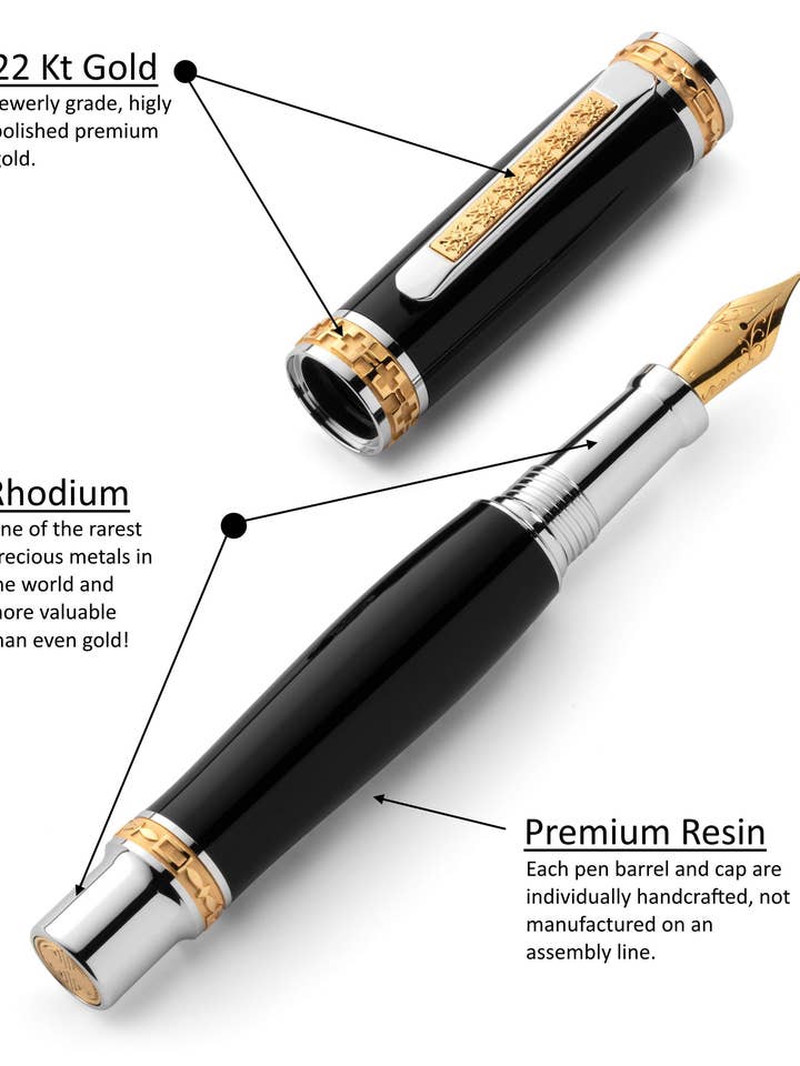 PITCHMAN CLOSER™ JETT BLACK FOUNTAIN PEN - Handcrafted of 22 Kt Gold & Rhodium - Limited Production for wholesale by Pitchman®