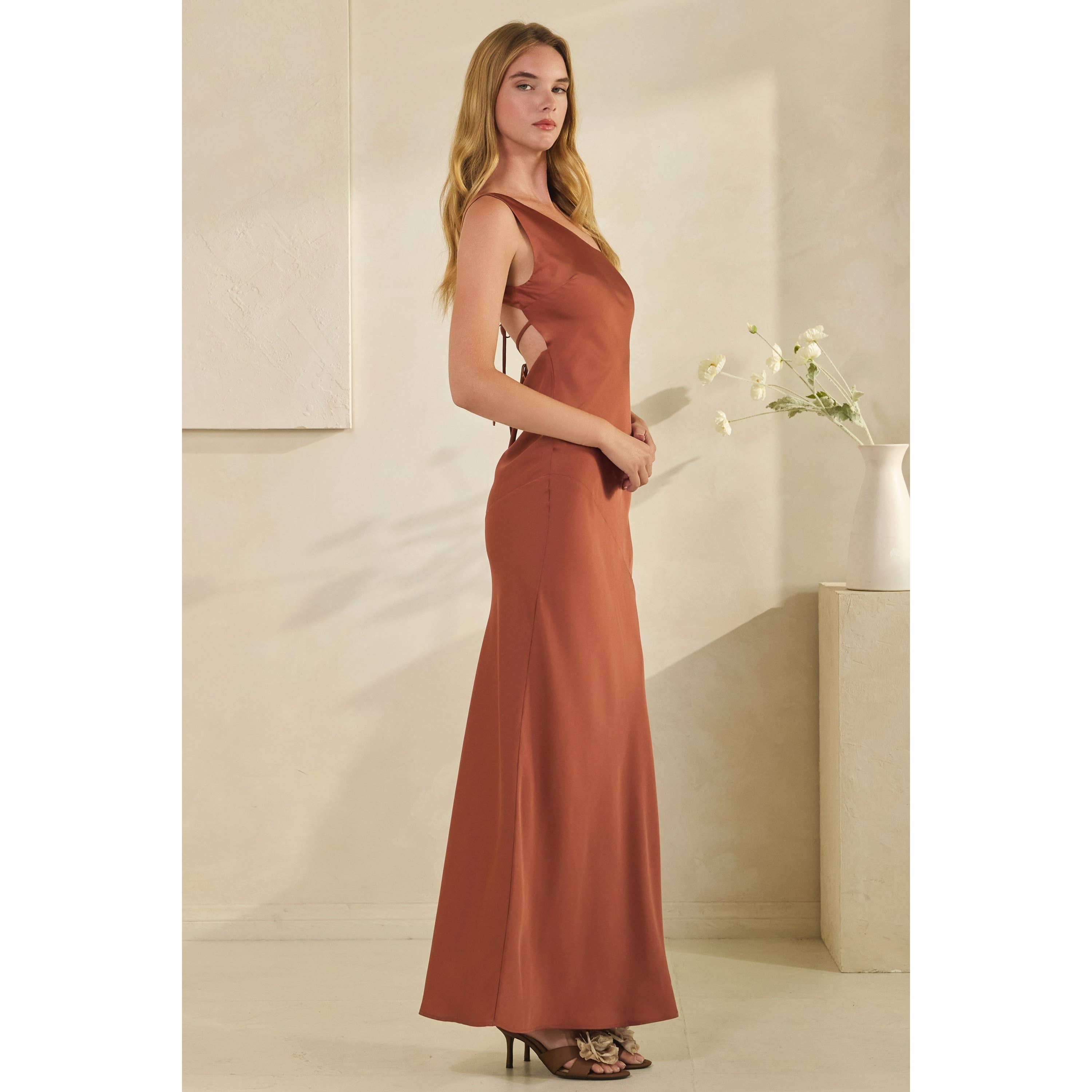 Honey Mango - Wholesale Dress - Women's - Asymmetric Satin Tie Back Maxi Dress6