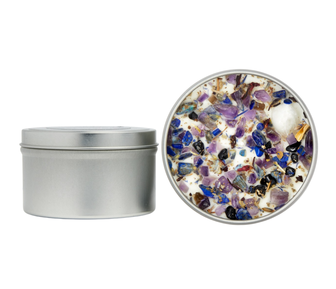 New Moon Beginnings - Wholesale Travel Candles - Crystals & Herb Energy Candles 8oz Tin Soy Candles Handmade30