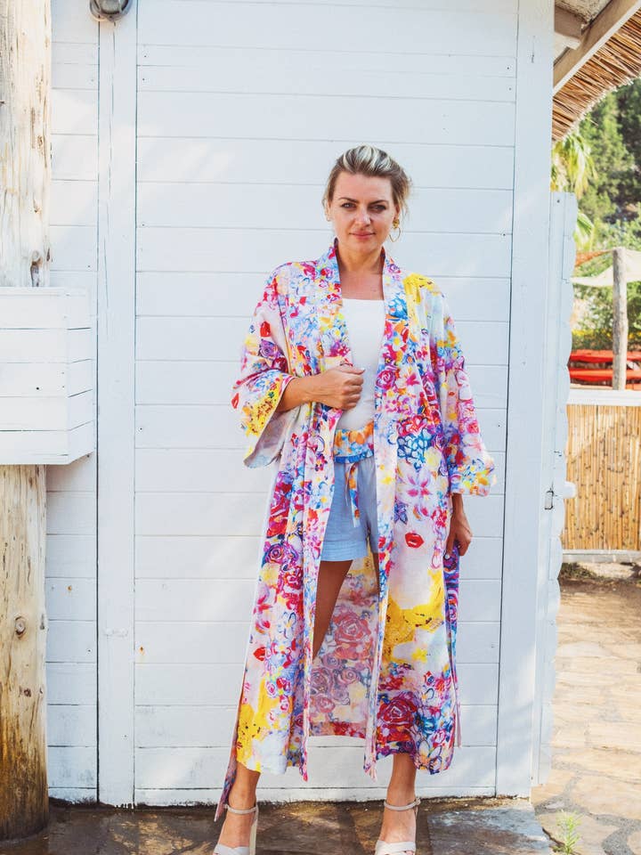 Painted Flower Kimono and Tunic 2 in 1 belted for wholesale by KISS LIFE