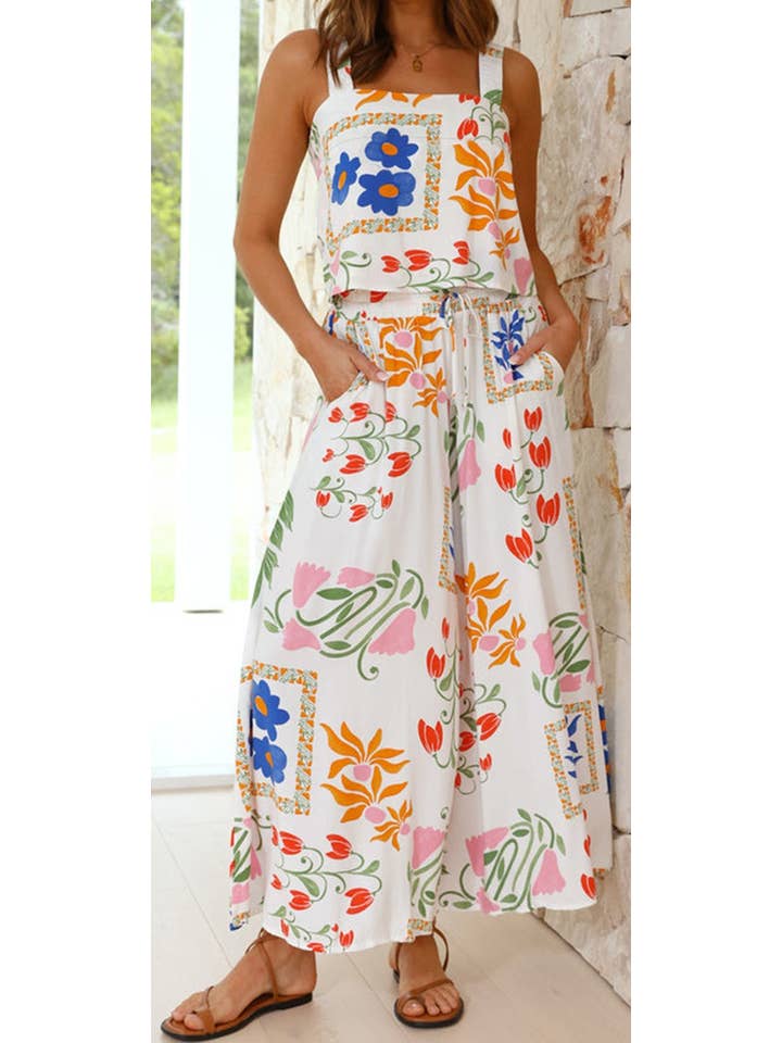 MULTI Square Neck Tank and Wide Leg Pants Floral Set for wholesale on Faire
