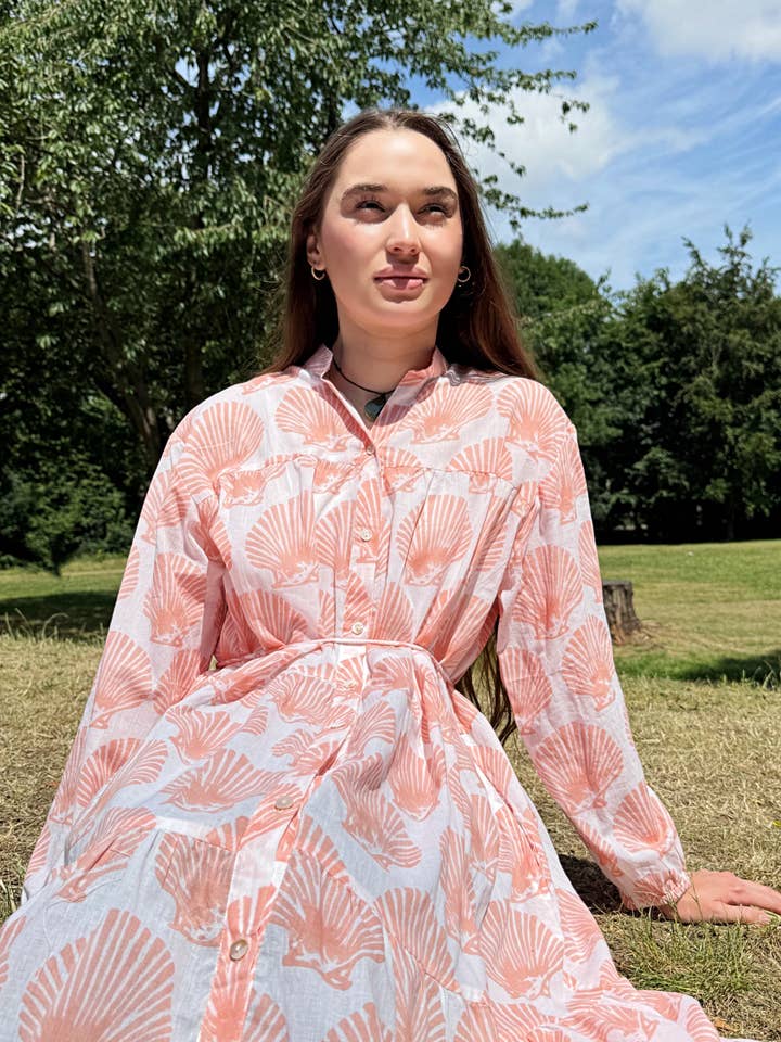 Essential Designs London - Wholesale Dress - Women's - Maxi Dress Indian Block Print White Peach Seashell Mermaid4