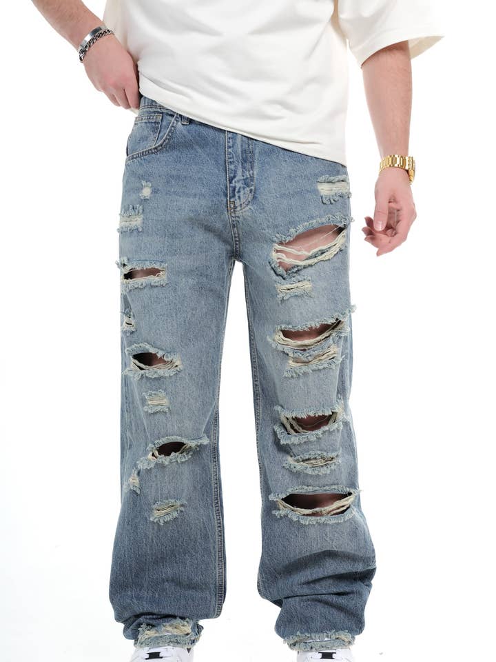 Mens Heavy Ripped Light Vintage Wash Wide Leg Jeans 0125ES3270 for wholesale by Monocloth