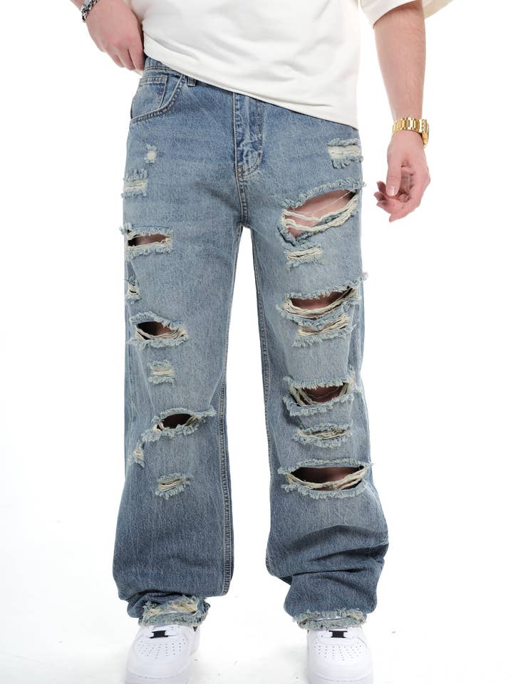 Jeans da uomo a gamba larga con strappi e lavaggio vintage chiaro 0125ES3270 per la vendita all'ingrosso da parte di Monocloth