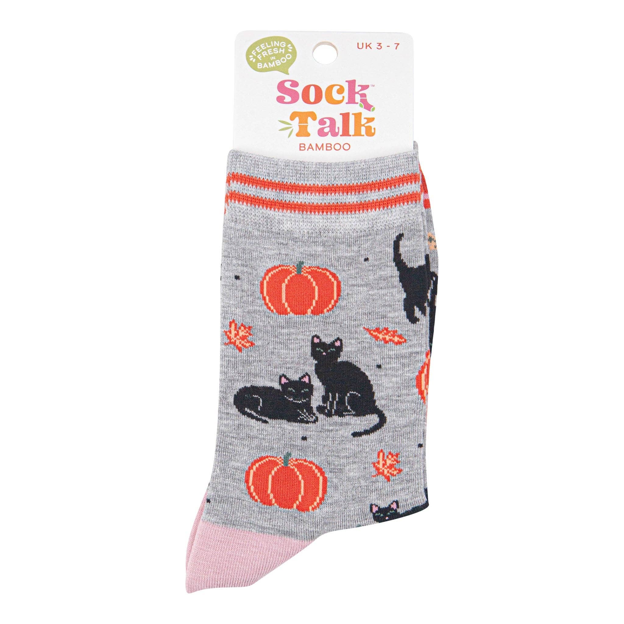 Sock Talk – Meias - Mulher por atacado – Meias de Bambu para Mulher - Cinzento Claro/Laranja, Gatos e Abóboras3