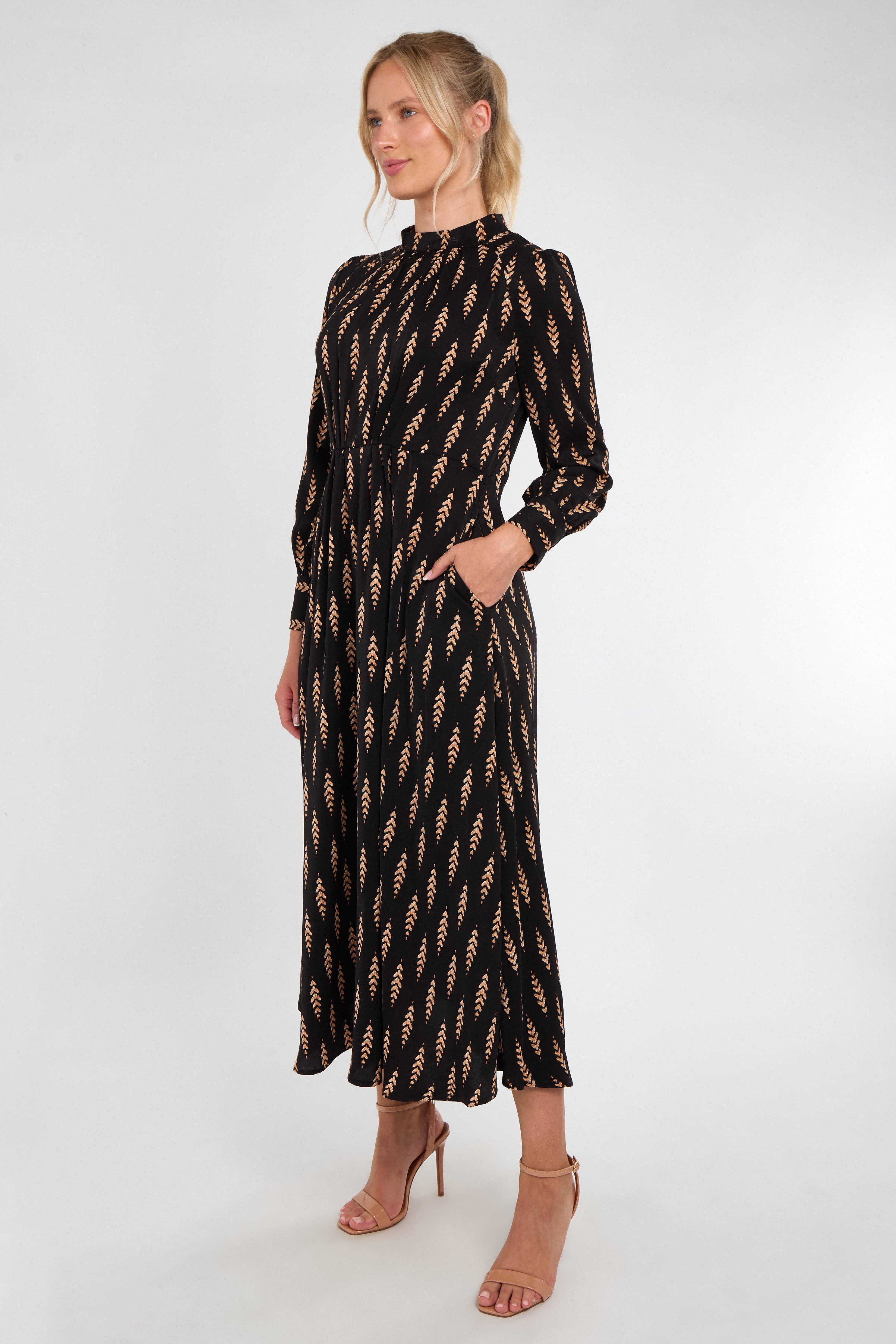 Black Tan Chevron Print Pleated Skirt Maxi Dress for wholesale on Faire5