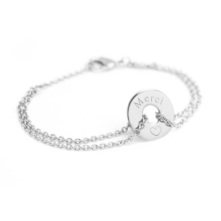Bracelet Chaîne Mini Jeton Gravure Merci Coeur pour la vente par Petits Trésors