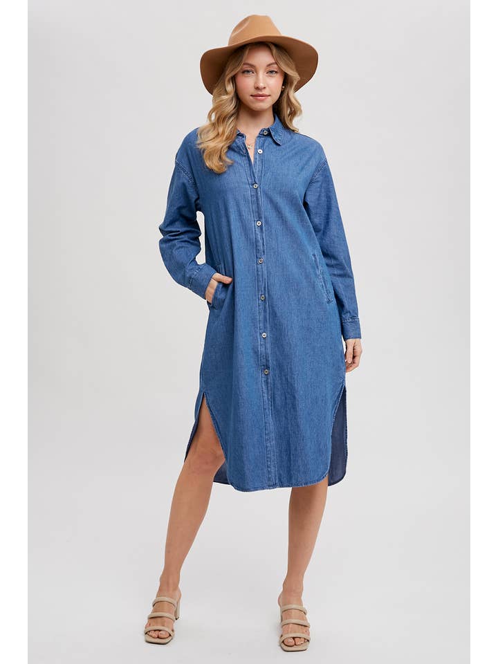 Bluivy - Wholesale Dress - Women's - DENIM LONGLINE SHIRT MIDI DRESS