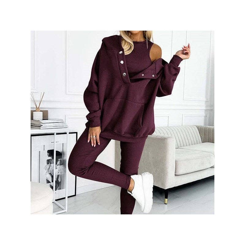 ShieldChic - Wholesale Lounge Set - Women's - 3-Piece Set- Leisure Hoodie, Thick Ribbed Vest, And Pants5