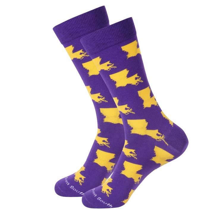 Chaussettes en forme de Louisiane violettes/or. pour la vente par Barrel Down South
