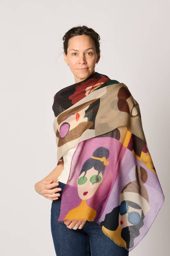 Margolis Pineo Italia - Wholesale Scarf - Women's - RESTOCKED "GIRLS W/ GLASSES" ART SCARF—SOFT WOOL FLEECE 20