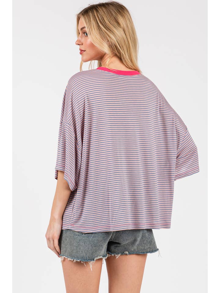 Ces Femme USA - Wholesale Knit Top - Women's - TS13916STA/Contrast Band Striped Shirts Casual Top