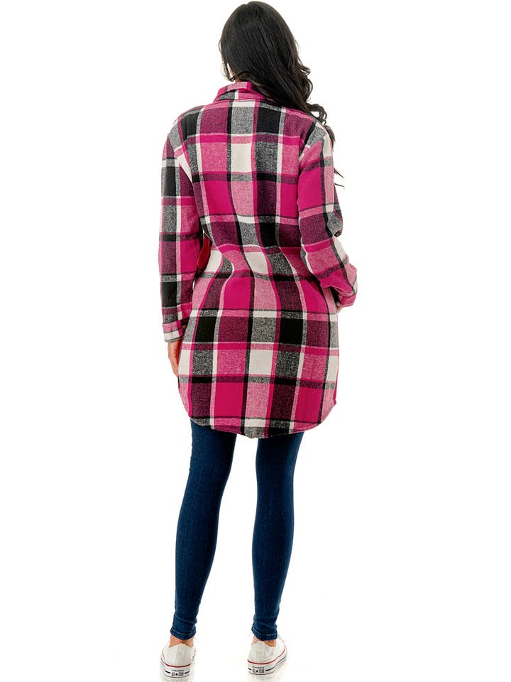 Color 5 - Venta al por mayor Sobrecamisa - Mujer - Chaqueta de franela larga a cuadros rosa y blanca con bolsillos