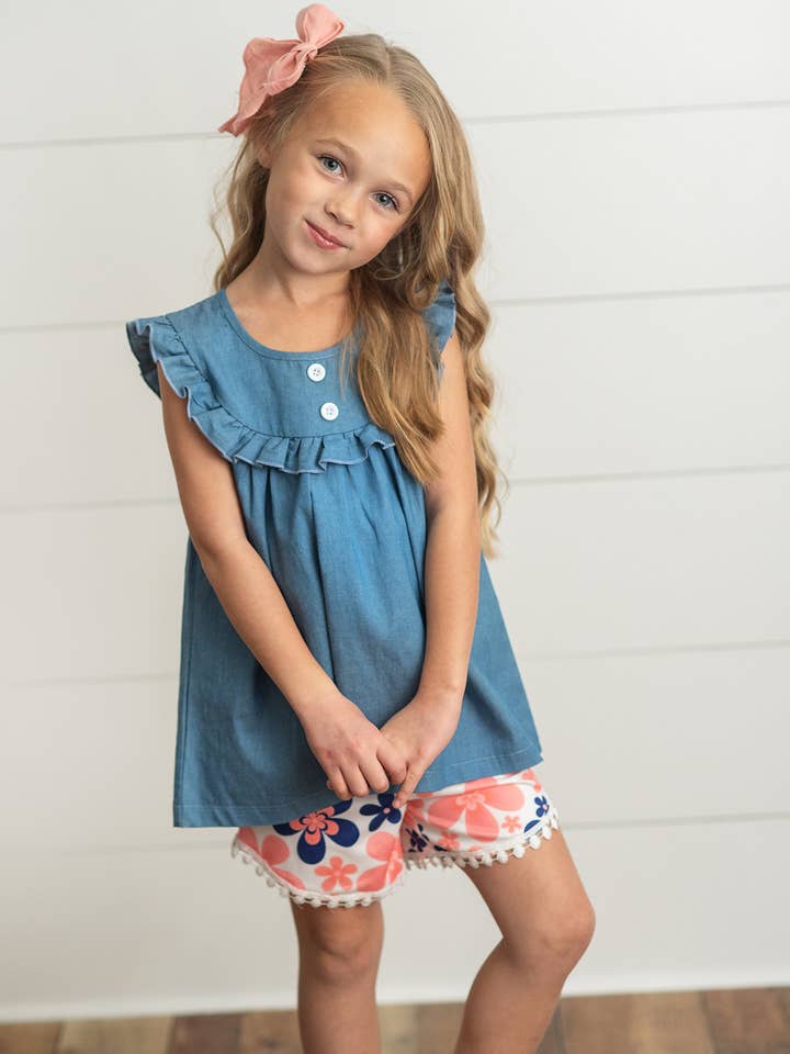 Adorable Sweetness - Wholesale Top & Short Set - Kids - Girls Coral Floral Jean Ruffle Spring Summer 2 Piece Set