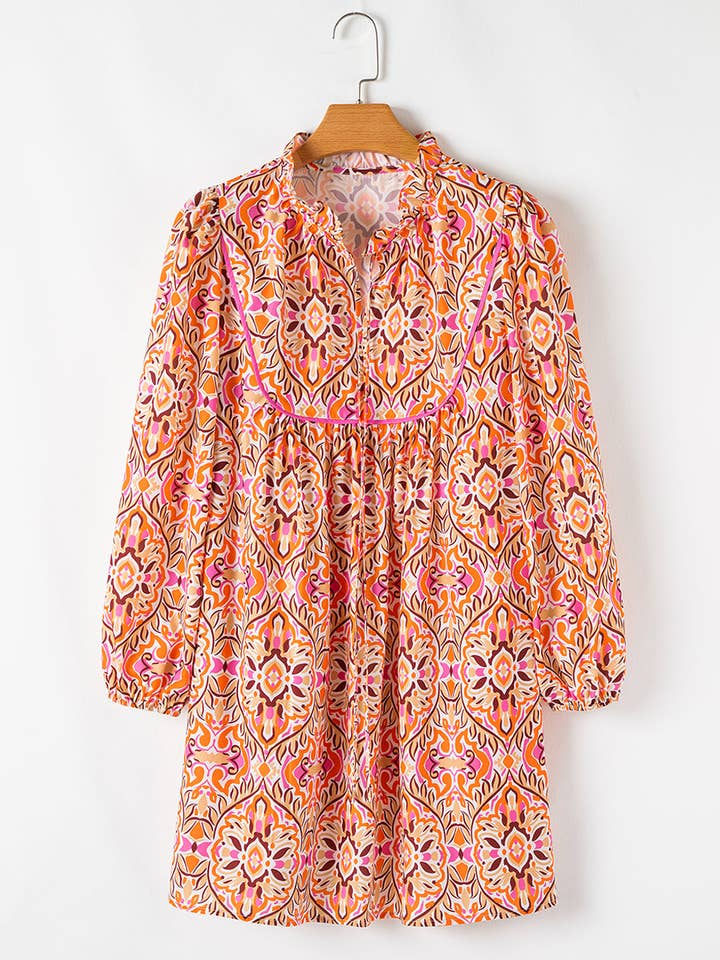 Lovesoft - Wholesale Dress - Women's - Khaki Abstract Printed Long Sleeve Tied Neckline Mini Dress