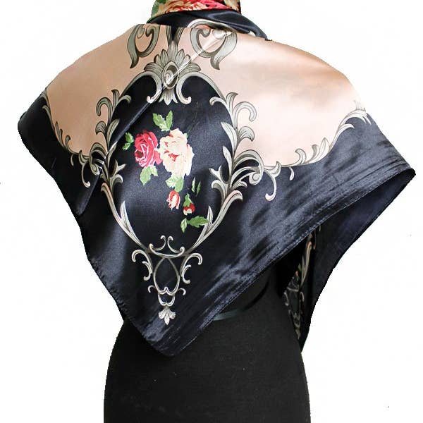 ASSORTED Rose And Golden Leaves Faux Silk Scarf for wholesale on Faire7