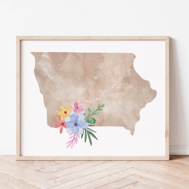 Iowa bloemen-silhouet kunstafdruk voor wholesale door Backstory Map Co.
