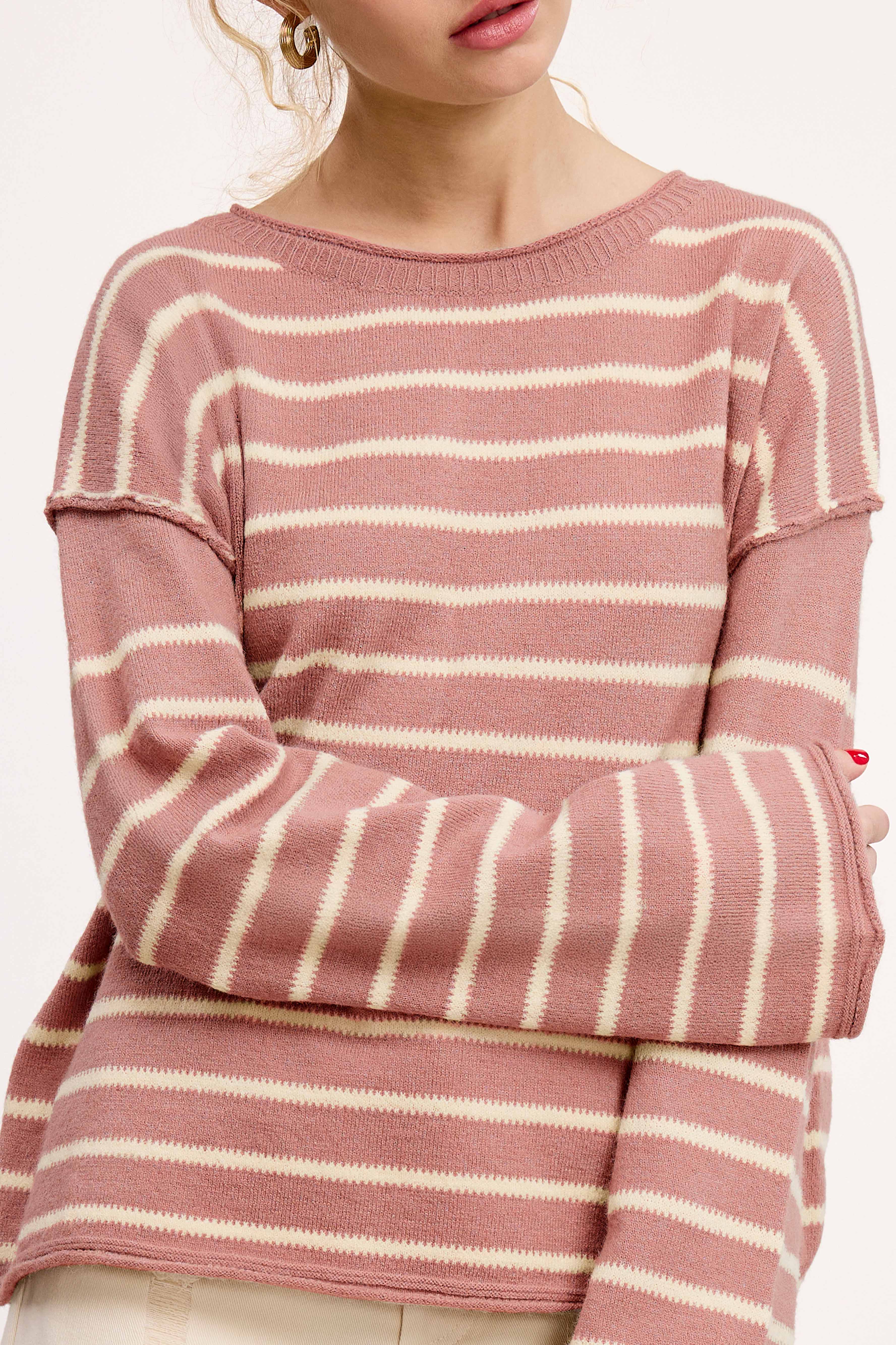 La Miel - Wholesale Knit Sweater - Women's - MCS3588-Striped Round Neck Loose Fit Long Sleeve Sweater10