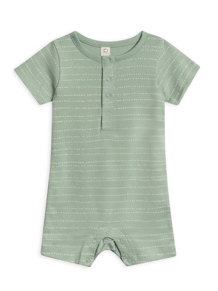 Organische Baby Mason Korte Mouw Romper - Kiezel / Jade voor wholesale door Colored Organics