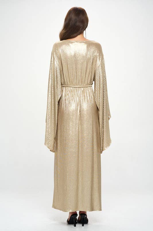 Renee C. - Wholesale Dress - Women's - Made in USA Metallic Dress with Bell Sleeve and Tie5