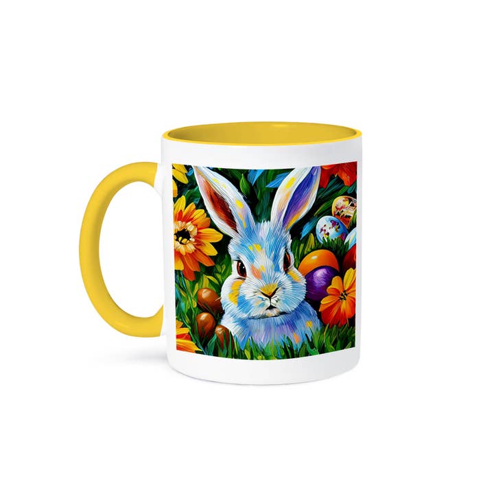 3dRose - Wholesale Coffee Mug - 3dRose, Cute Easter bunny in the garden. Orange flowers, painted eggs gift, Mug