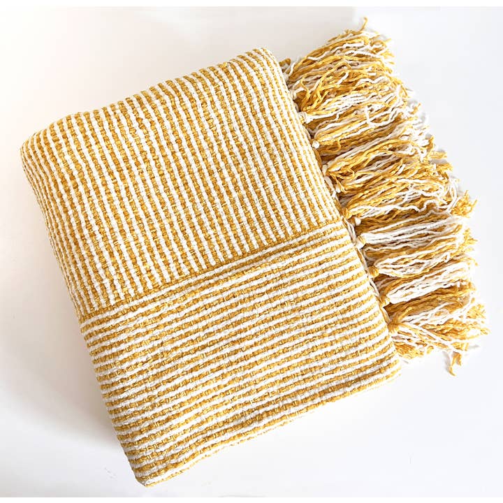 Fennco Styles - Wholesale Throw Blanket - Mustard Chenille Woven Striped 50"x60" Throw Blanket
