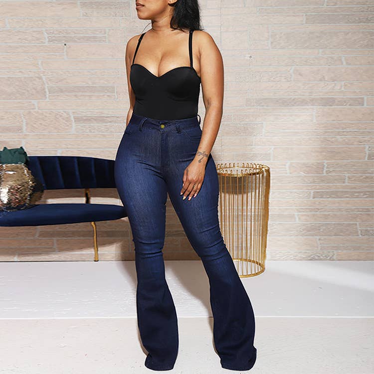 Bleu foncé ; Pantalon évasé en jean stretch pour femme en vente sur Faire1