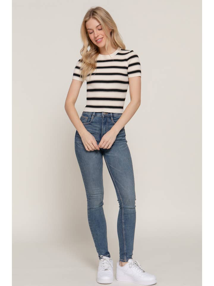 Active Basic | Active USA - Wholesale Knit Top - Women's - Short Sleeve Crew Neck Multi Stripe Spring Sweater19