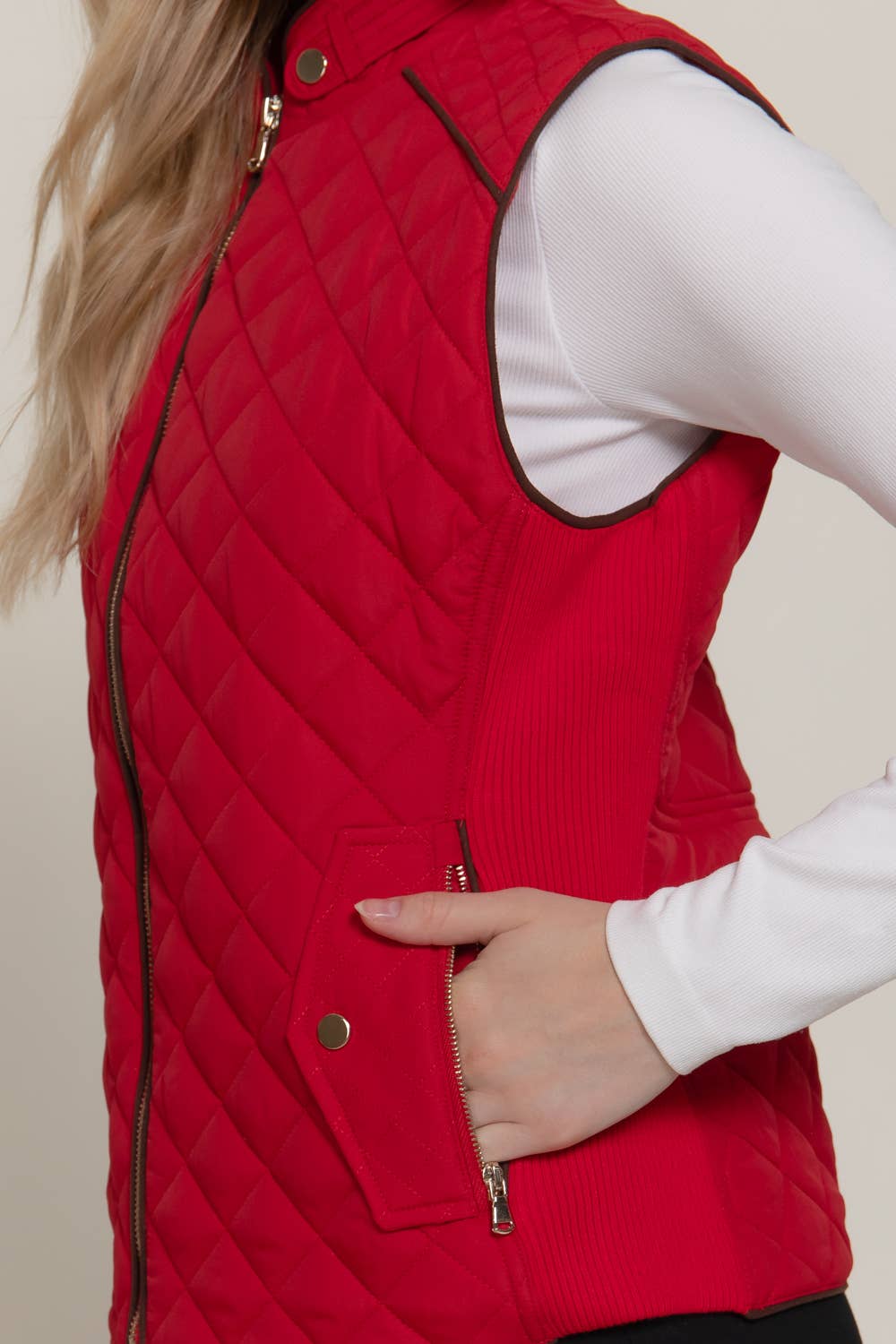 Active Basic | Active USA - Wholesale Outerwear Vest - Women's - Suede Piping Detail Rib Quilted Padding Vest16
