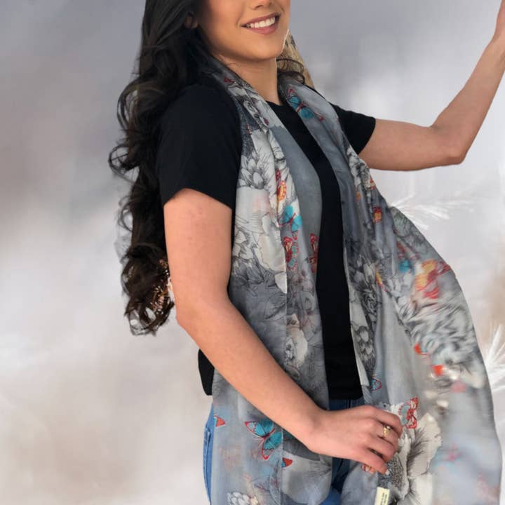 Rayz Intl - Wholesale Scarf - Women's - Gray Butterfly Silk Scarf