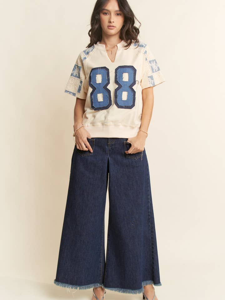 DENIM NUMBER PATCH FRONT CROCHET SWEATSHIRT TOP for wholesale on Faire