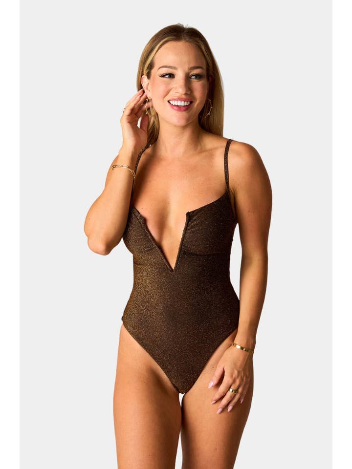 Brown Tilly Deep V One-Piece Swimsuit - Copper for wholesale on Faire