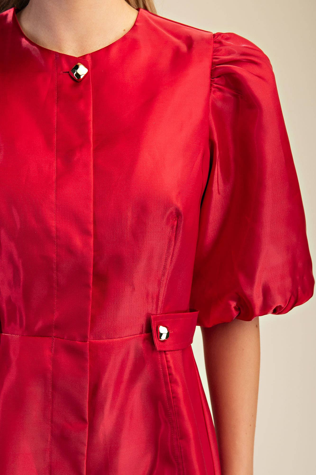 Glam - Wholesale Dress - Women's - Collar Neck Puff Sleeve Waist Detail Shiny Mini Dress0