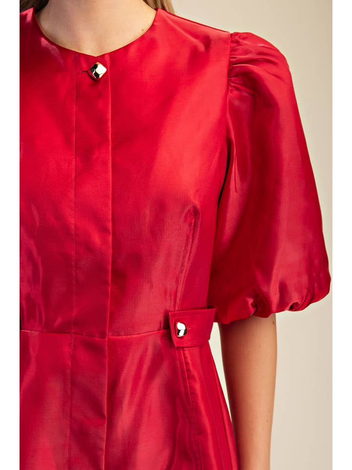 Glam - Wholesale Dress - Women's - Collar Neck Puff Sleeve Waist Detail Shiny Mini Dress