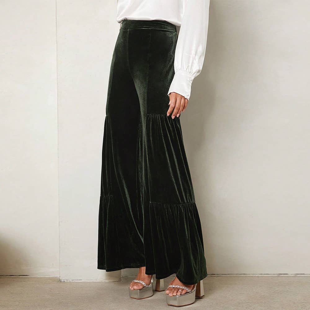 Darkgreen Velvet Draped High-Waisted Straight-Leg Wide-Leg Pants for wholesale on Faire1