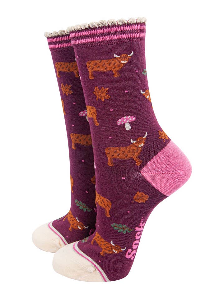 Women's Bamboo Socks - Berry/Cream, Highland Cow Toadstool for wholesale by Sock Talk