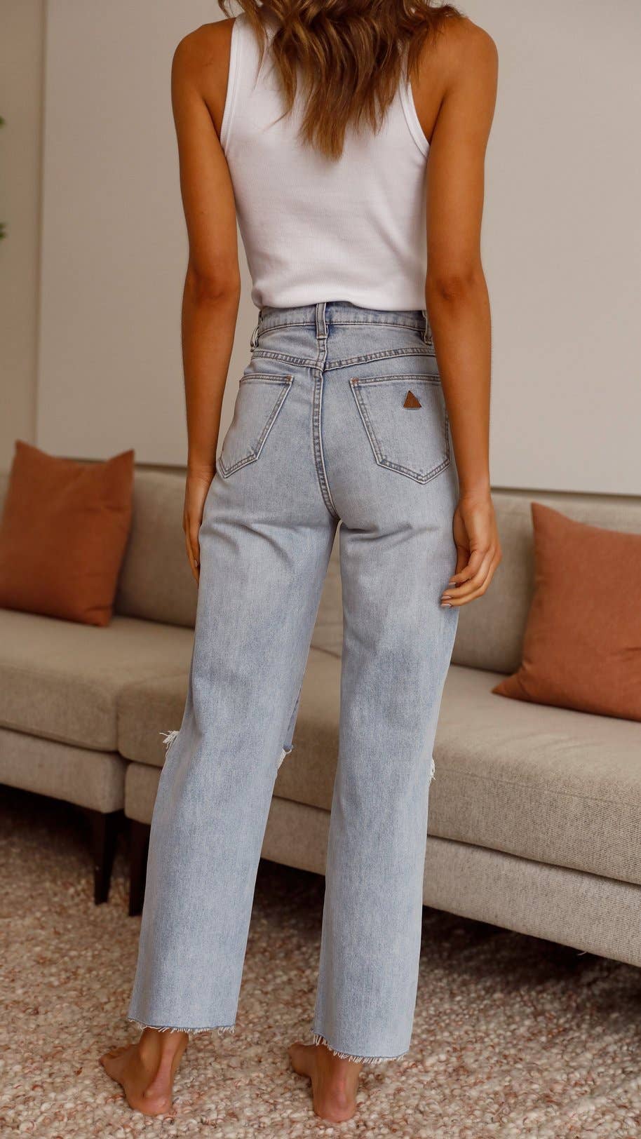 Azul claro Jeans Rasgados de Cintura Alta e Corte Reto para Mulher, Moda Casual para venda a revendedores na Faire2