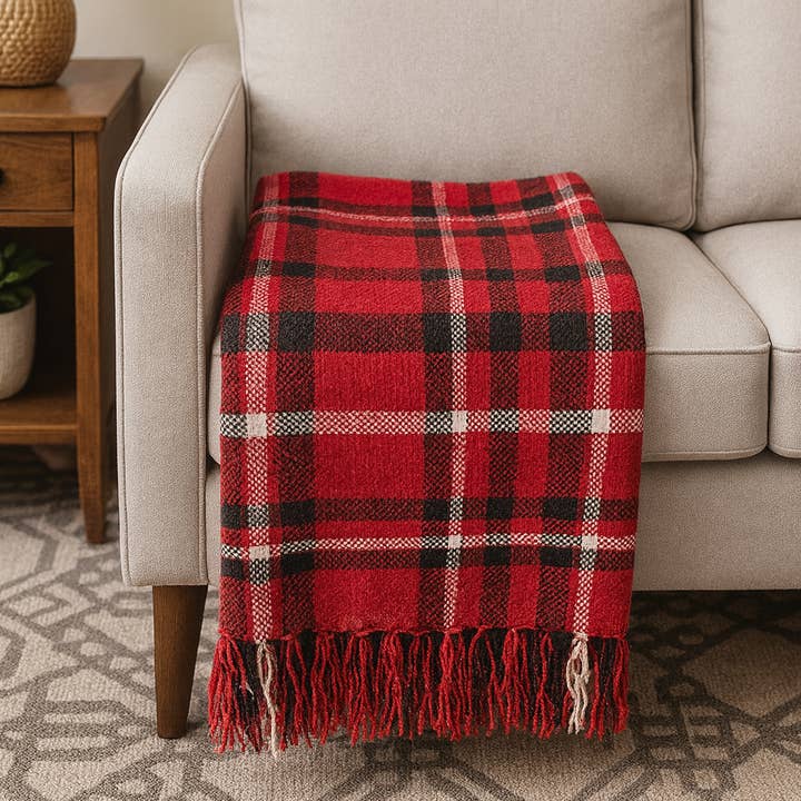 Red Chenille Woven Plaid Tassel 50"x60" Throw Blanket for wholesale on Faire0
