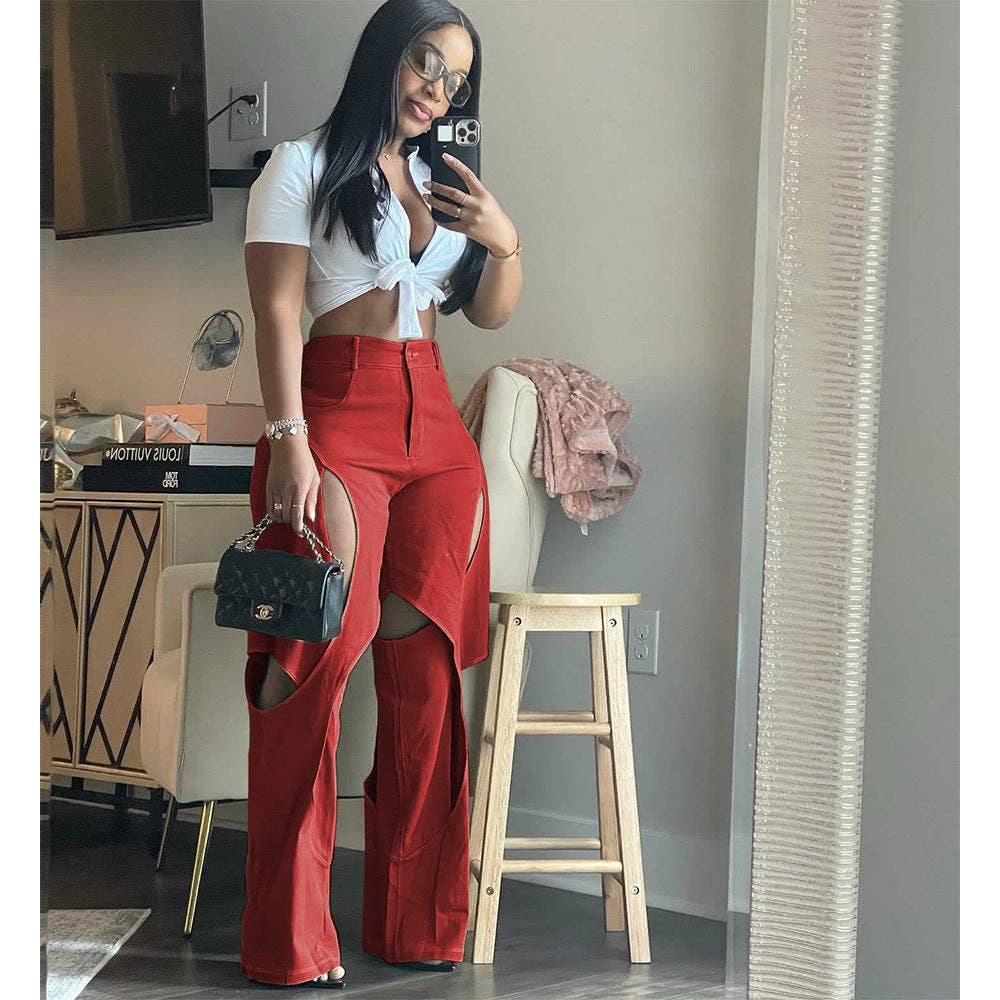 MB Fashion Wholesale - Wholesale Pants - Women's - MB FASHION STRAIGHT LEG HIGH WAIST CUTOUTS PANTS  9127LY4