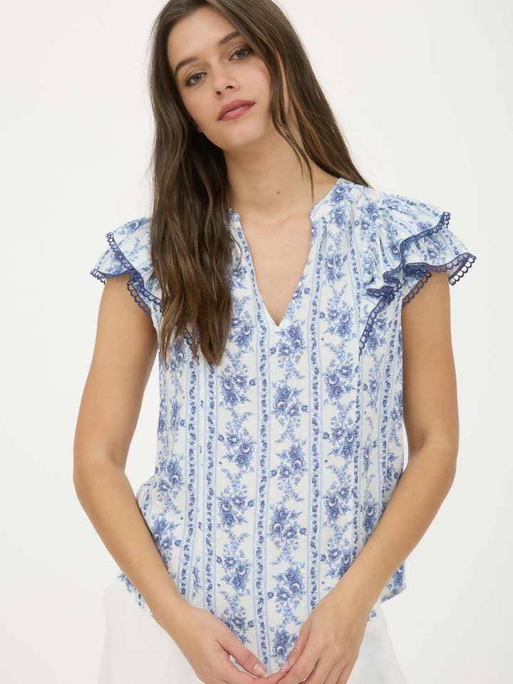 Blu Pepper - Wholesale Blouse - Women's - STRIPE FLORAL SPLIT NECK RUFFLE SLEEVE TOP