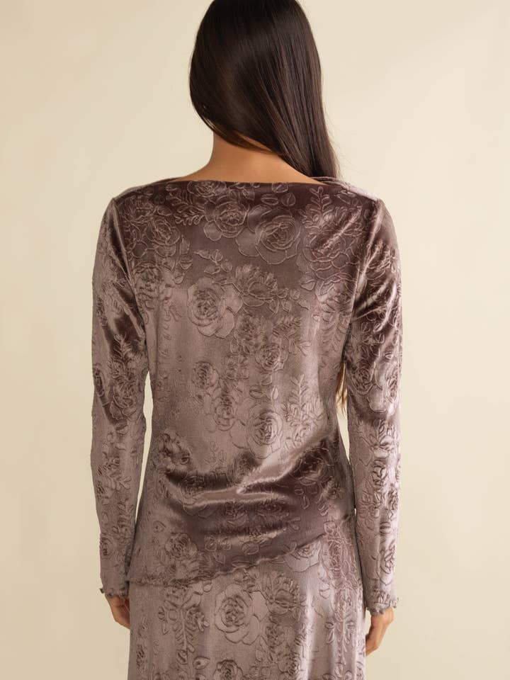 Taupe Jemma Velvet Floral Hem Boat Neck Top - Plus Size for wholesale on Faire