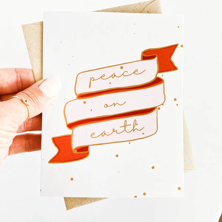 Five Dot Post - Venta al por mayor Tarjetas de felicitación de Navidad - Tarjeta de Navidad dulce, tarjeta navideña con pancarta rosa de Peace on Earth