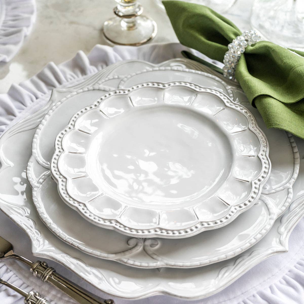 Arte Italica & Crown Linen Designs - Wholesale Salad Plate - Bella Bianca Beaded Salad/Dessert Plate3