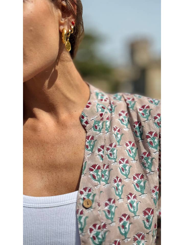 MALINI FASHION DESIGN PRIVATE LIMITED - Wholesale Button Down Shirt - Women's - Camicia Donna in Cotone Indiano Block Print – Beige con Fantasia Floreale, Maniche 3/4, Colletto a V, Bottoni in Legno6