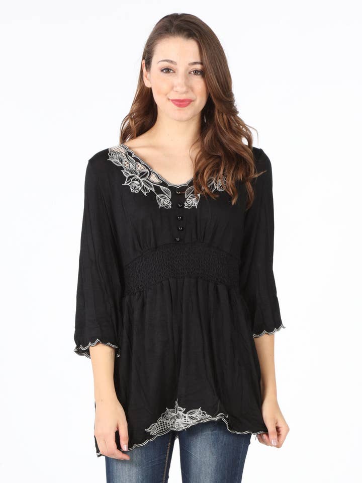 7377-34 Tunica nera ricamata in vita a nido d'ape per la vendita all'ingrosso da parte di Select Clothing